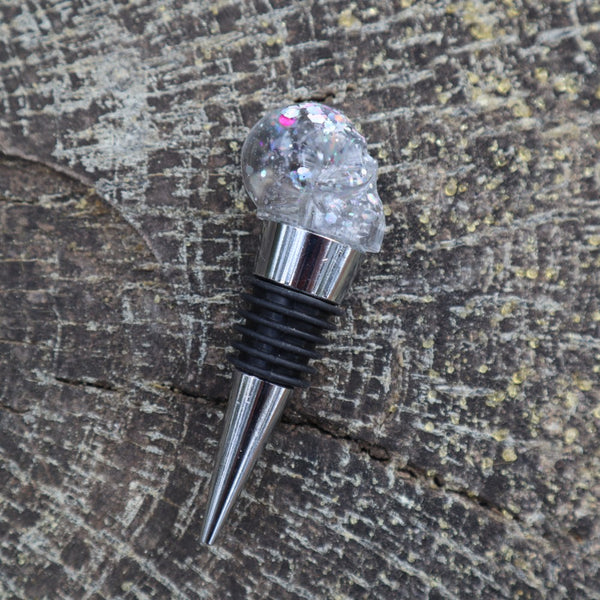 Resin Skull Bottle Stopper - silver glitter - Threefold Designs