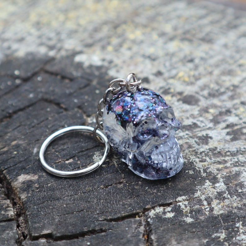Resin Skull Keyring / Bag Charm - chunky black glitter - Threefold Designs