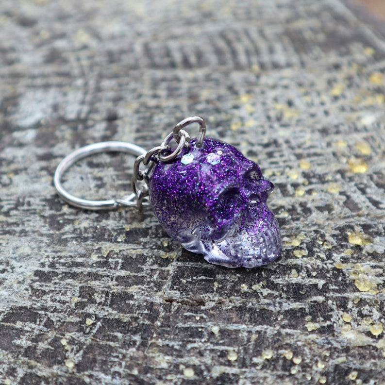 Resin Skull Keyring / Bag Charm - purple glitter - Threefold Designs