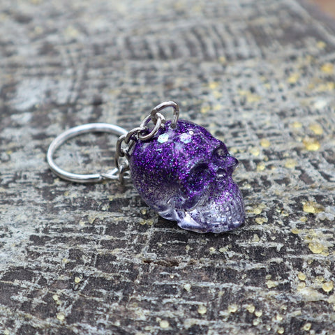 Resin Skull Keyring / Bag Charm - purple glitter - Threefold Designs