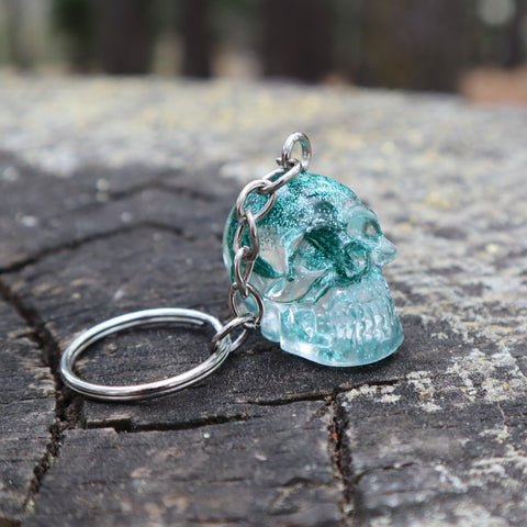Resin Skull Keyring / Bag Charm - green glitter - Threefold Designs