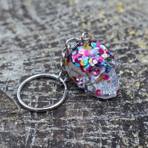Resin Skull Keyring / Bag Charm - multi-coloured glitter - Threefold Designs