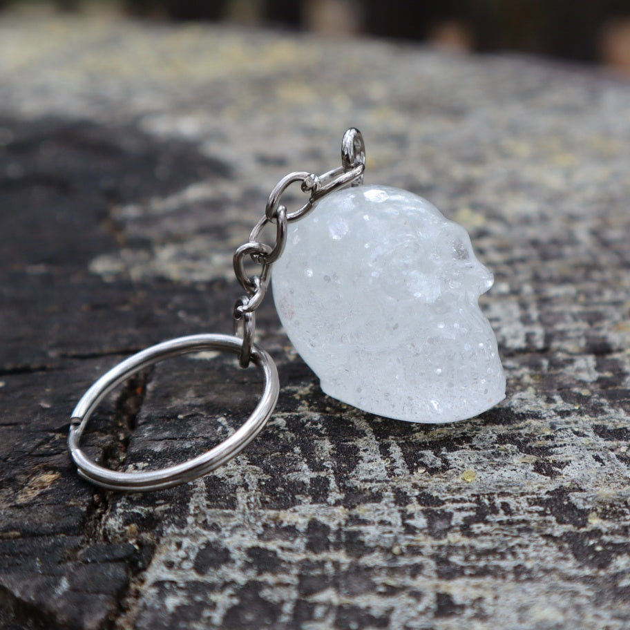 Resin Skull Keyring / Bag Charm - white glitter - Threefold Designs