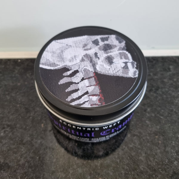 handmade soy candle with skull artwork on lid - nag champa incenses, goth candle