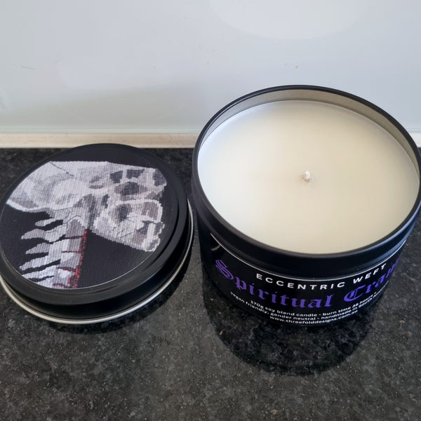 handmade soy candle with skull artwork on lid - nag champa incenses, goth candle