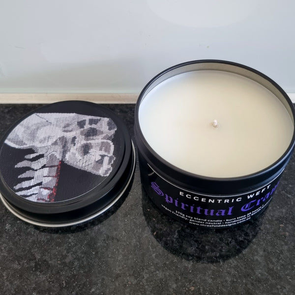 handmade soy candle with skull artwork on lid - nag champa incenses, goth candle