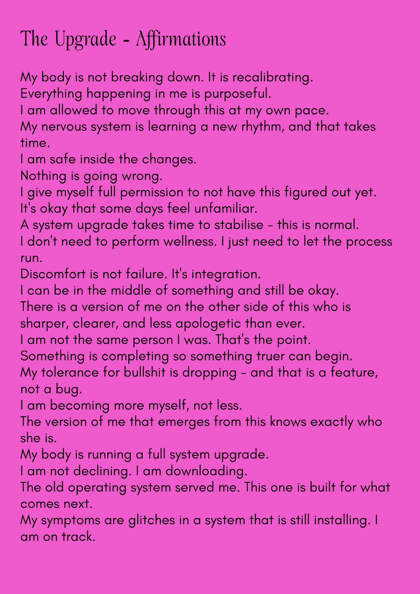 Text on a pink background with affirmations written in white - affirmations for Menopause and Perimenopause