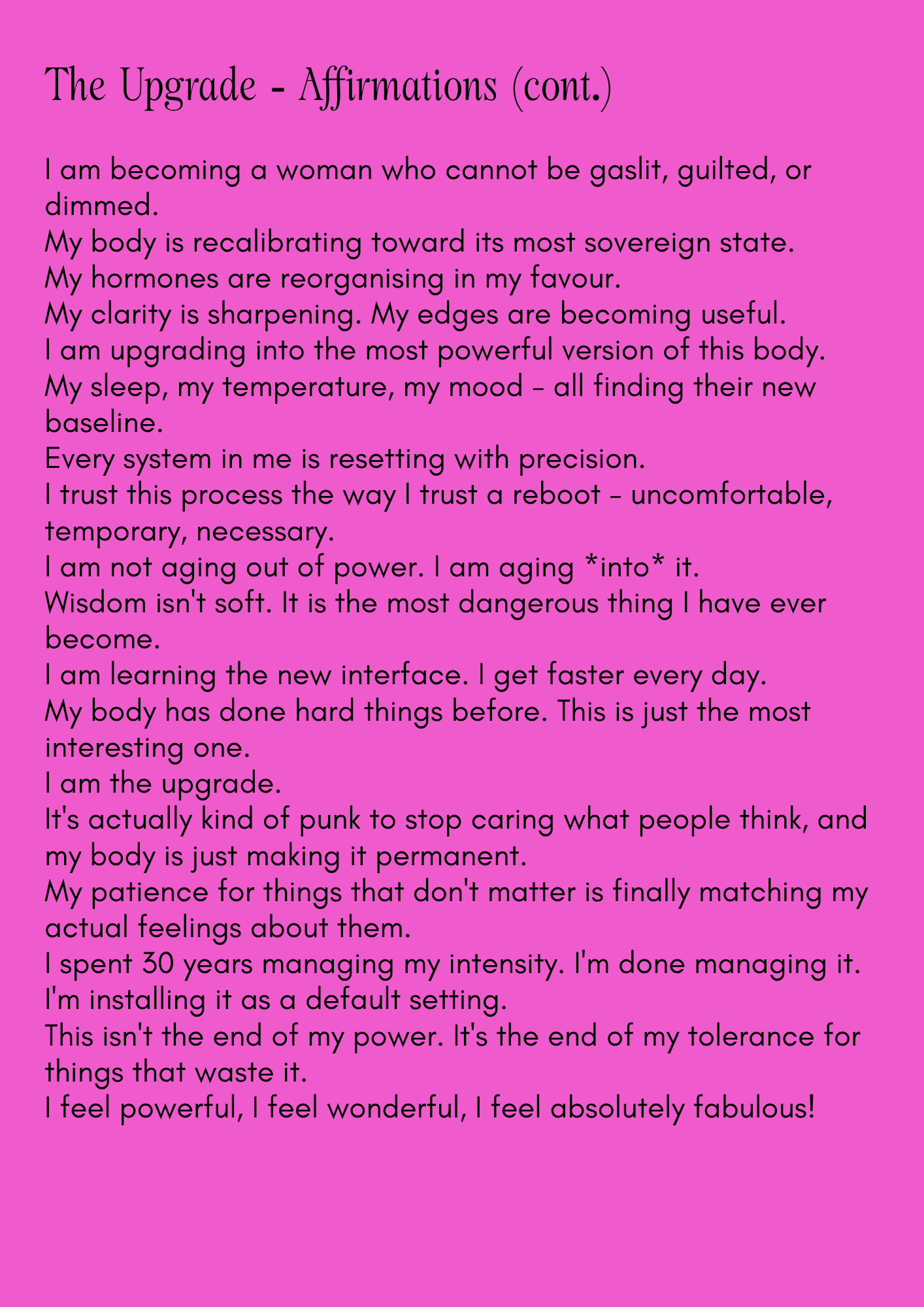 Text on a pink background with affirmations written in white - affirmations for Menopause and Perimenopause