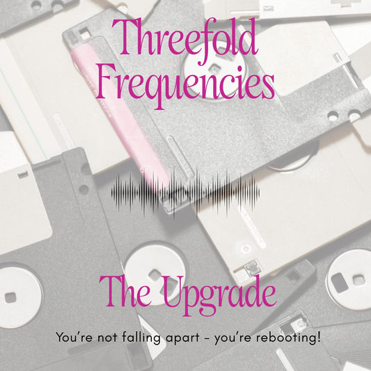 Floppy disks with 'Threefold Frequencies' text and sound wave graphic on a white background - The Upgrade subliminal for Menopause and Perimenopause