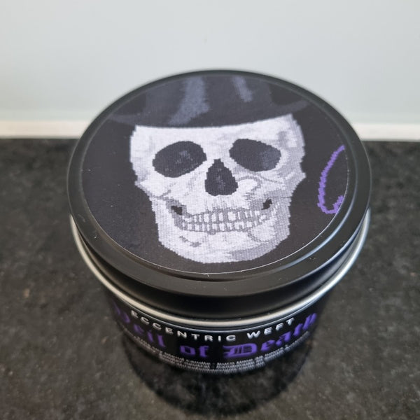 handmade soy candle with artwork of skull on lid - masculine fragrance, aftershave, goth candle