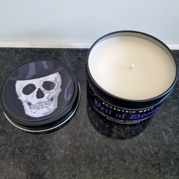 handmade soy candle with artwork of skull on lid - masculine fragrance, aftershave, goth candle