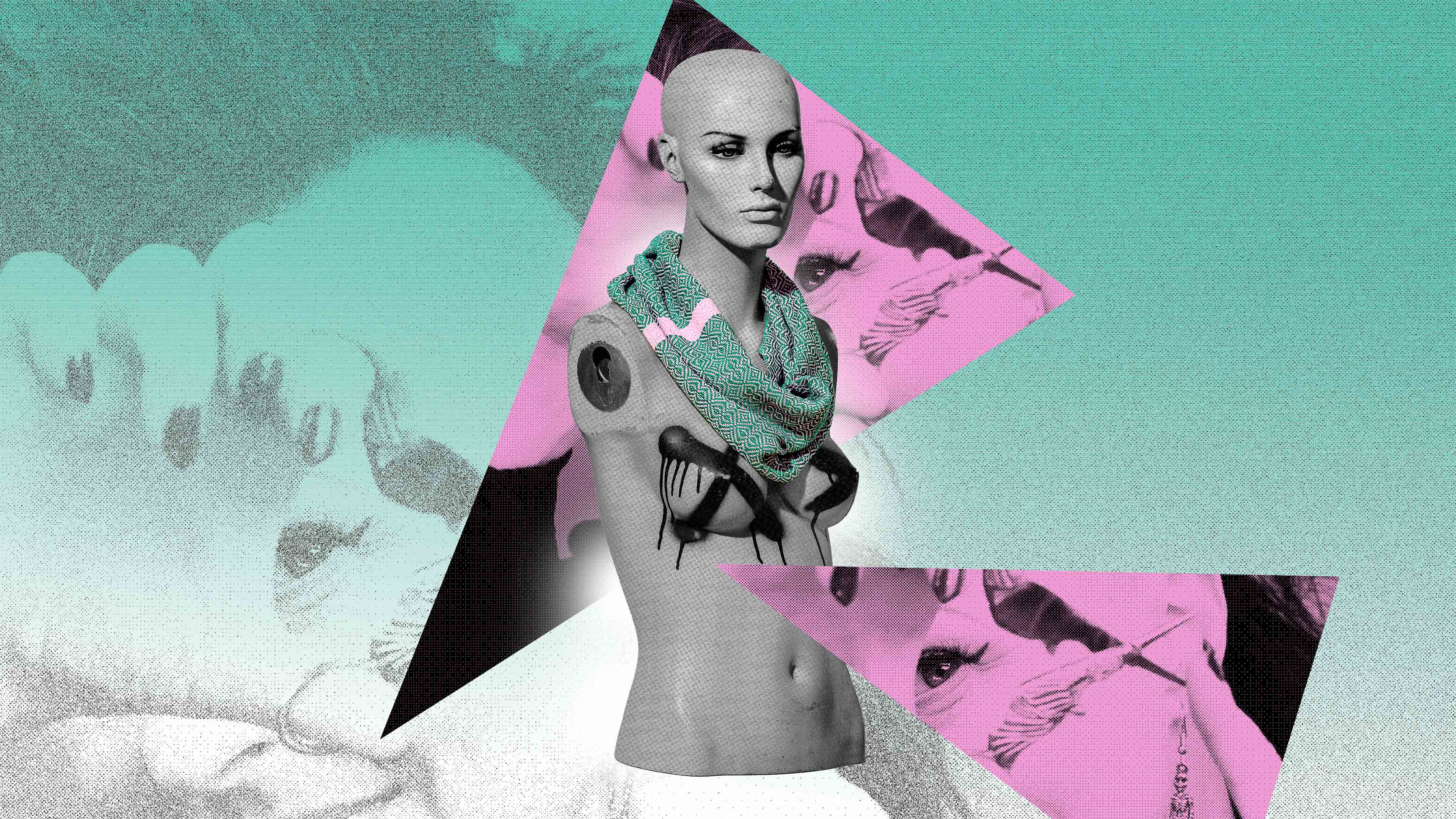 A mannequin wearing a green and
white diamond weave infinity scarf with a pink stripe, set against teal and pink collage shapes.