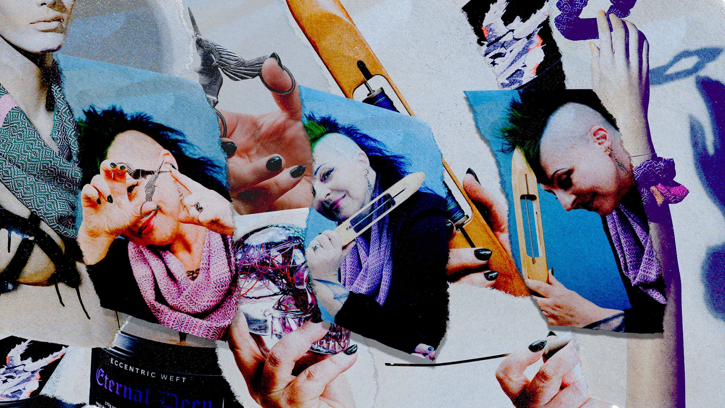 A torn paper collage of Michelle
Driver with a loom shuttle, a mannequin in a green handwoven scarf, a scrunchie on a wrist and an Eccentric Weft Eternal Deep candle tin.