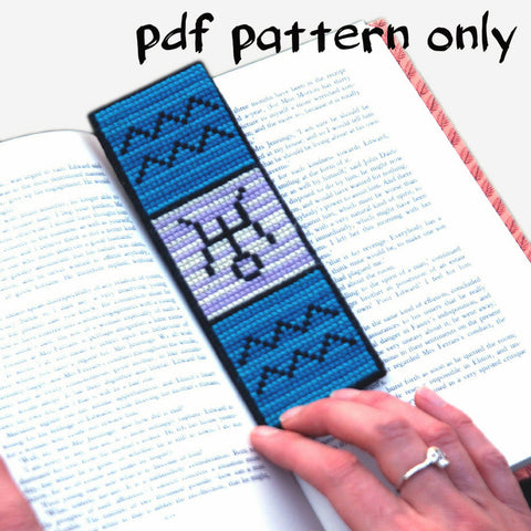 pdf pattern of cross stitch needlepoint bookmark of zodiac sign Aquarius and Uranus - easy for beginners, all instructions included, pagan, goddess, witchcraft, wicca