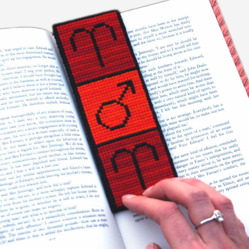 cross stitch pattern of a bookmark with zodiac signs of Aries and Mars - bookmark kit including wool, pattern, canvas