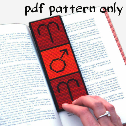 pdf pattern of cross stitch needlepoint bookmark of zodiac sign Aries and Mars - easy for beginners, all instructions included, pagan, goddess, witchcraft, wicca