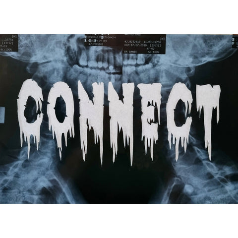 artwork made out of x-ray film with the word connect cut out 