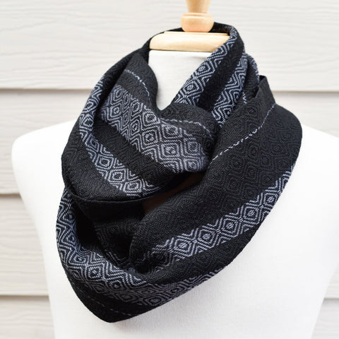 handwoven infinity scarf in charcoal grey and black