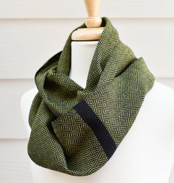 Handwoven Scarf - Classic - Olive Green Geometric - Threefold Designs