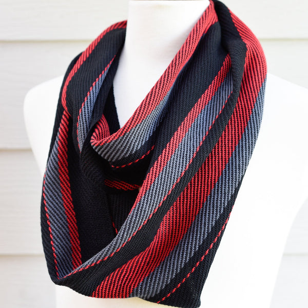 Handwoven Scarf - Dapper - Red, Charcoal + Black - Threefold Designs
