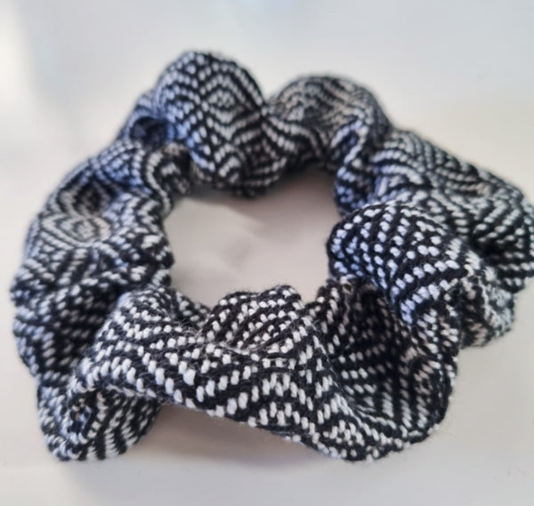 Handwoven Hair Scrunchie - Silver + Black