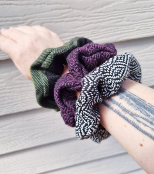 Handwoven Hair Scrunchie - Silver + Black
