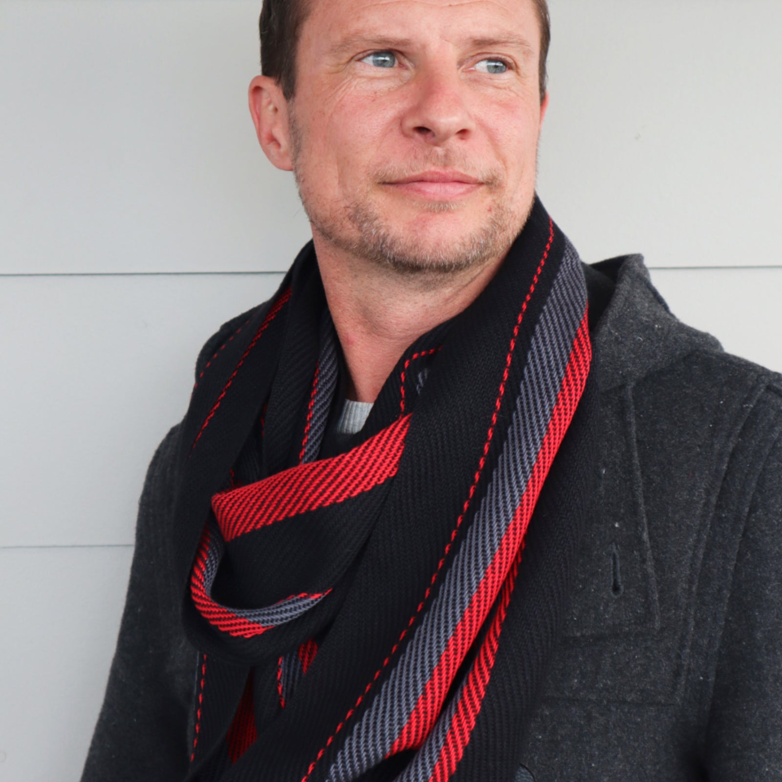 Handwoven Scarf - Dapper - Red, Charcoal + Black - Threefold Designs