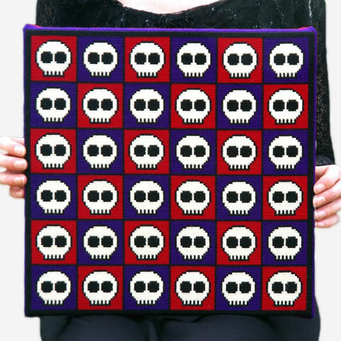 Cool cross stitch kit needlepoint kit of skulls in purple, red, black and white - goth style, punk style, unique, alternative style, kit includes wool, pattern, instructions, canvas - easy for beginners