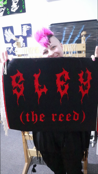 unique handwoven tapestry of text Sley (the reed) in red death metal typeface font