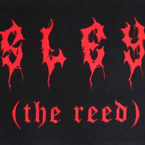 unique handwoven tapestry of text Sley (the reed) in red death metal typeface font