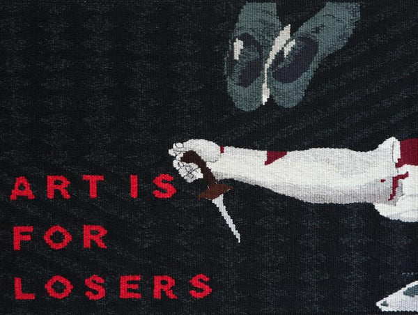 unique handwoven tapestry showing vintage crime scene with text 'art is for losers' - dark art, creepy art, sinister art