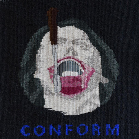 unique handwoven tapestry based on creepy medical illustration with text 'conform' under image, gothic, dark tapestry, dark art