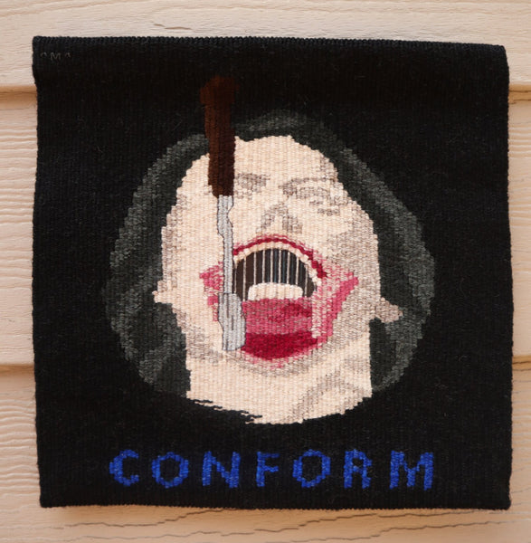 unique handwoven tapestry based on creepy medical illustration with text 'conform' under image, gothic, dark tapestry, dark art