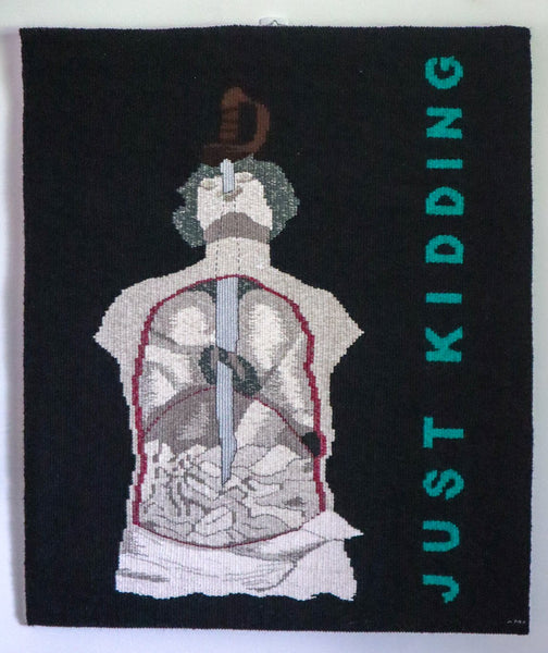 unique handwoven tapestry based on creepy sword swallowing illustration with text 'just kidding', gothic, dark tapestry, dark art