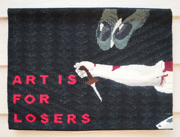 unique handwoven tapestry showing vintage crime scene with text 'art is for losers' - dark art, creepy art, sinister art
