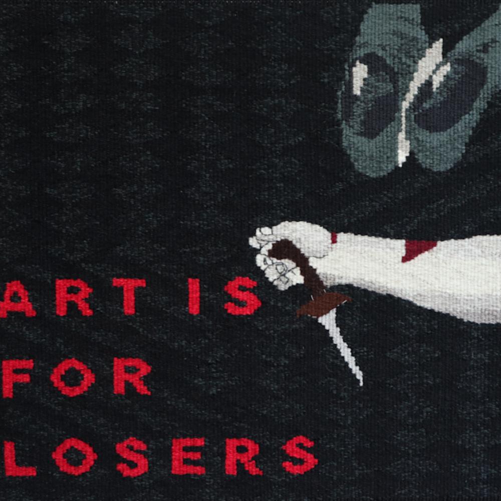 unique handwoven tapestry showing vintage crime scene with text 'art is for losers' - dark art, creepy art, sinister art