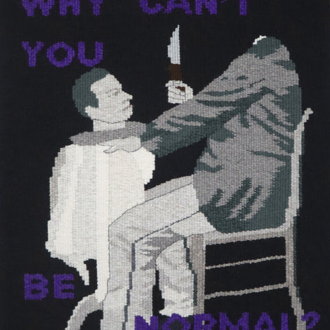 unique hand woven tapestry showing headless man holding a knife with his head on a platter with text 'why can't you be normal?' - dark art, sinister art, creepy art