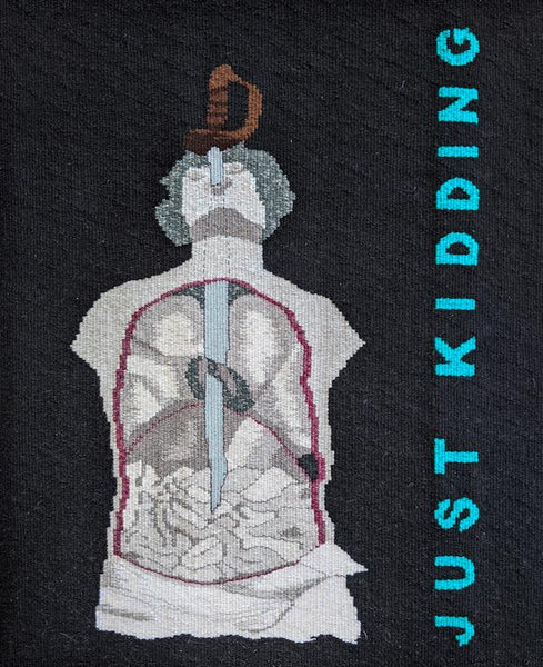 unique handwoven tapestry based on creepy sword swallowing illustration with text 'just kidding', gothic, dark tapestry, dark art