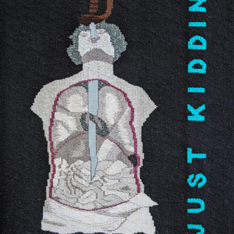 unique handwoven tapestry based on creepy sword swallowing illustration with text 'just kidding', gothic, dark tapestry, dark art
